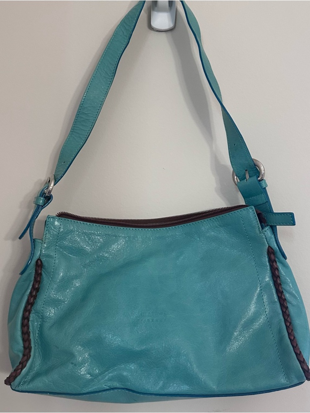 Turquoise Leather Shoulder Bag with Braided Trim